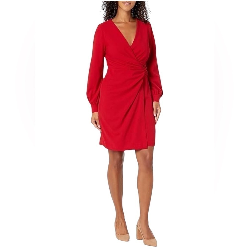 DKNY NWT Womens Side Knot Faux Wrap V-Neck Sheath Long Flutter Sleeve Dress 10